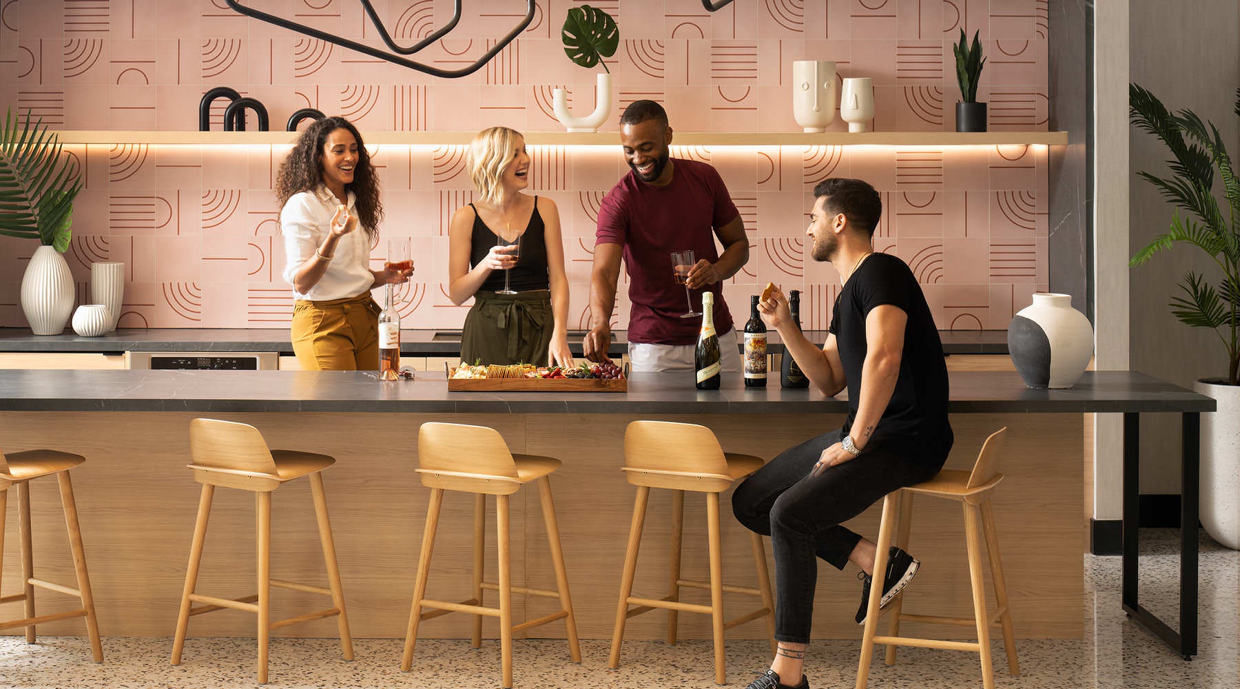 Vibrant community life with a variety of dining options a group of people standing around a bar